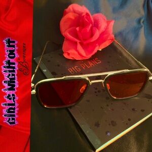 Unisex Rectangular Metal Frame Sunglasses - Red Lenses